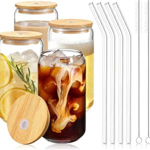 set, 4 stuks, 500 ml, met rietje en deksel, latte macchiato glazen, ijskoffie en matcha glas, incl. 2 reinigingsborstels